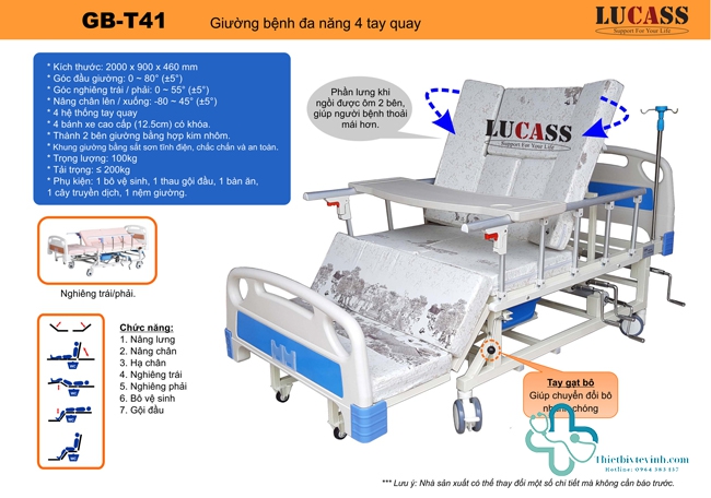 Giường y tế LUCASS đa năng 4 tay quay GB-C41: nâng đầu, nâng chân, nghiêng trái, nghiêng phải, bô vệ sinh, chậu gội đầu, bàn ăn, cọc truyền