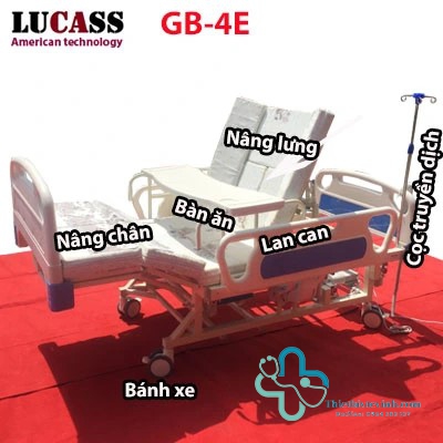 Giường y tế LUCASS đa năng GB-4E: nâng đầu, nâng chân, nghiêng trái, nghiêng phải, bô vệ sinh, chậu gội đầu, bàn ăn, cọc truyền