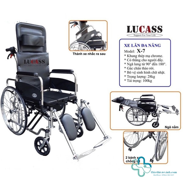 Xe Lăn Lucass X7 – Đa Năng Với Bô Vệ Sinh, Khung Mạ Chrome, Phanh Ngả An Toàn